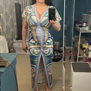 Printed V-Neck Maxi Dress in Blue and Green